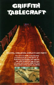 Griffith Tablecraft colour brochure showing a beautiful bark to bark slab made into a dining table with chairs