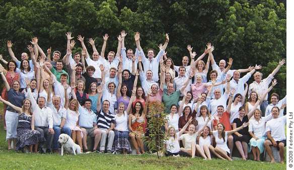 A group photograph of the founding members of the WTM, cheering with arms outstretched, 2008.