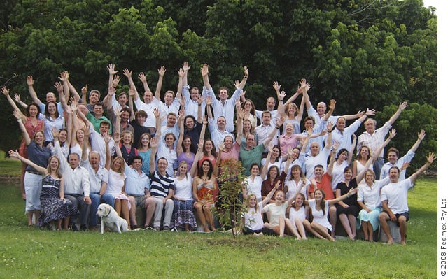 A group photograph of the founding members of the WTM, cheering with arms outstretched, 2008.