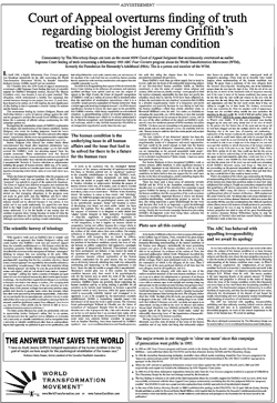 Full-page advertisement in The Australian newspaper containing Tim Macartney-Snapes's commentary on the WTM's momentous ruling