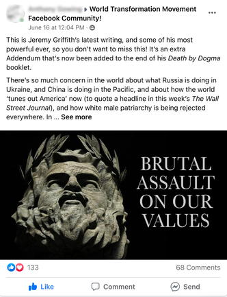 Facebook Group post by Tony Gowing featuring Death by Dogma Addendum 2 & image ‘BRUTAL ASSAULT ON OUR VALUES’