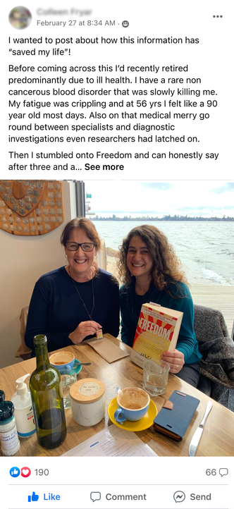Facebook Group post by Colleen Fryar featuring image of Colleen with WTM Ballarat co-founder Angela Ryan holding FREEDOM
