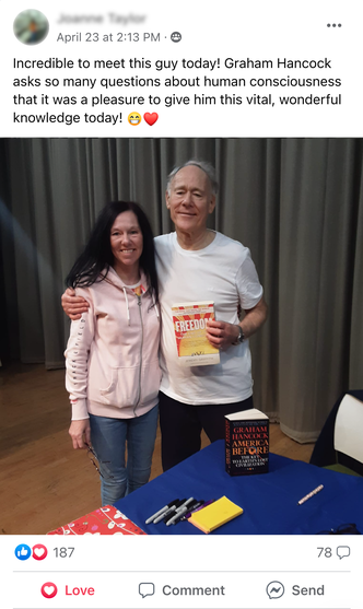 Facebook Group post by Joanne Taylor with photo of herself with author Graham Hancock, holding FREEDOM