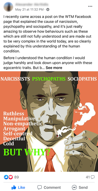 Facebook Group post by Alex Akritidis about narcissism, psychopathy and sociopathy