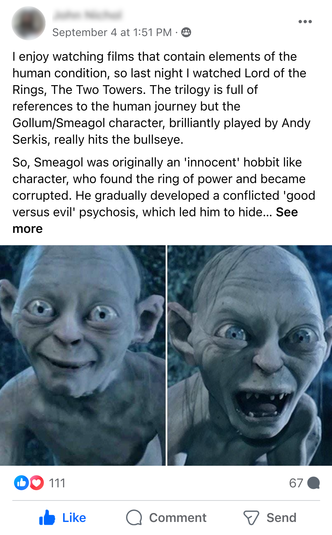 Facebook Post by John Nichol about the 'Lord of the Rings' character Smeagol