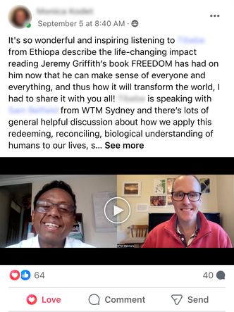 Facebook Post by Monica Kodet about a video call between Sam Belfield from WTM Sydney and Tibebe from Etheopia