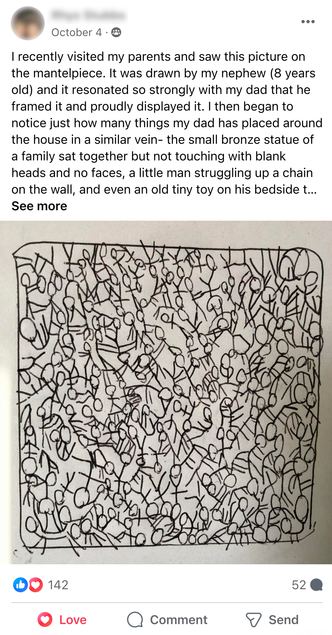 Facebook Post by Monica Kodet featuring a child's drawing of stick people