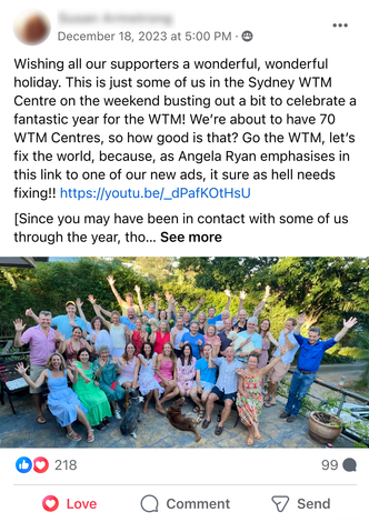 Facebook Post by Susan Armstrong featuring a photograph of some WTM Sydney members having an end of year celebration