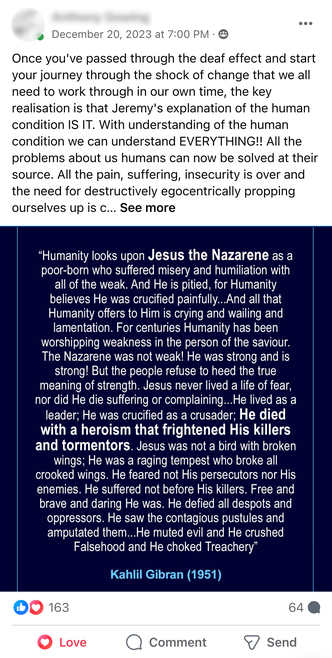 Facebook Post by Susan Armstrong featuring a 1951 quote from Kahlil Gibran about Jesus Christ