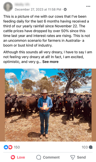 Facebook Post by Molly van Hemert with a photo of her holding FREEDPM infront of her cattle