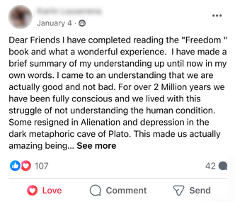 Facebook Post by Karin Louwrens about her journey reading FREEDOM