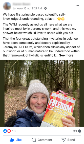 Facebook Post by Karen Boon featuring a photograph of herself holding FREEDOM