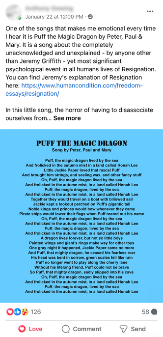 Facebook Post by Tony Gowing about the song 'Puff the Magic Dragon'