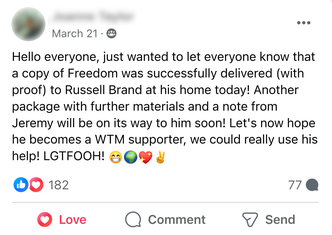 Facebook Post about sending WTM material to Russell Brand, text only