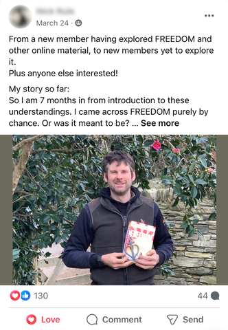 Facebook Post featuring a photo of a man holding Jeremy Griffith's book 'FREEDOM'