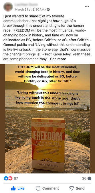 Facebook Post featuring an image of Jeremy Griffith's book 'FREEDOM' on the beach & quotes about it