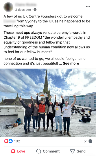 Facebook Post featuring a photo of a group of people in front of St Martins Cathedral in Birmingham, holding up a 'Fix The World' banner