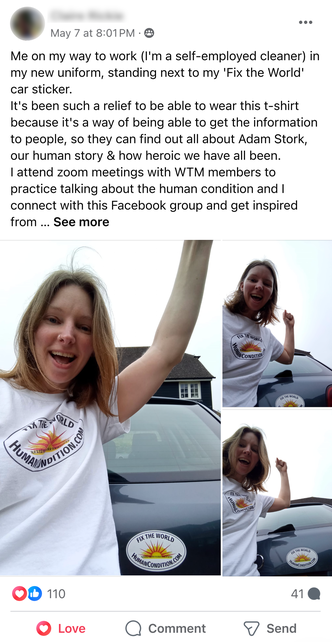 Facebook Post featuring photos of Claire Rickie in a 'Fix The World' t-shirt next to her car with a 'Fix The World' sticker