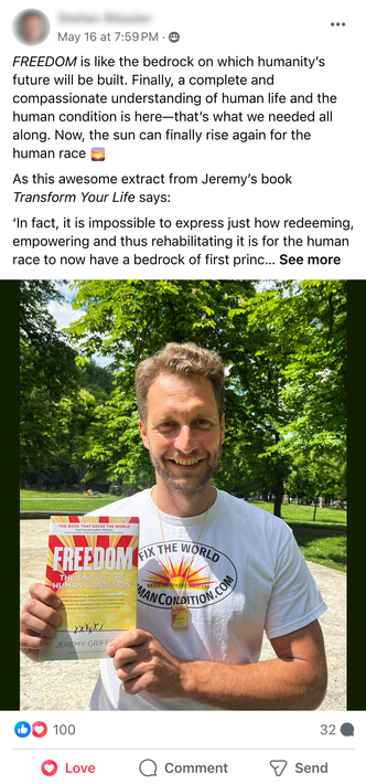 Facebook Post featuring a photo of Stefan Rossler wearing a 'Fix The World' t-shirt & a 'FREEDOM' pendant & holding a copy of 'FREEDOM'