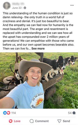 Facebook Post by Molly van Hemert featuring a photograph of her wearing a WTM Fix The World Tshirt in front of a quad bike with her dogs