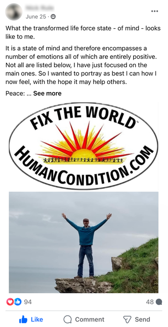 Facebook Post by Nick Rule featuring a Fix The World emblem and a photograph of himself standing on cliff with his arms outstretched