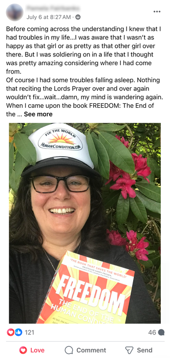 Facebook Post by Pam Fairbanks featuring a photograph of herself standing in front of foliage wearing a WTM Fix The World Cap and holding a copy of FREEDOM