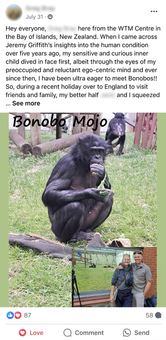 Facebook Post by Greg Bray featuring a photograph of a bonobo at Twycross Zoo,, Leicestershire and a photograph of himself and his wife Jacki