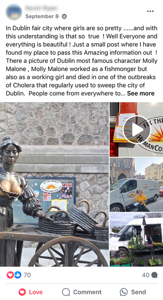 Facebook Post by Kevin Ryan featuring a video and photographs of him handing out WTM flyers in Dublin