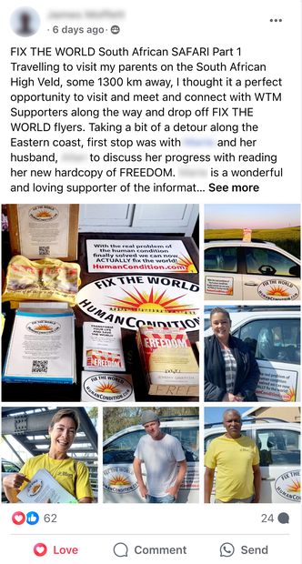 Facebook Post by James Moffett about 'Fix The World Safari' around South Africa