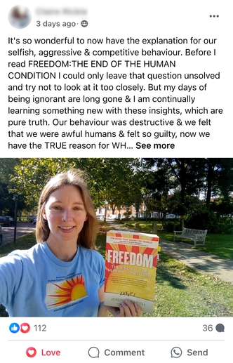 Facebook Post by Claire Rickie featuring a photograph of Claire holding FREEDOM