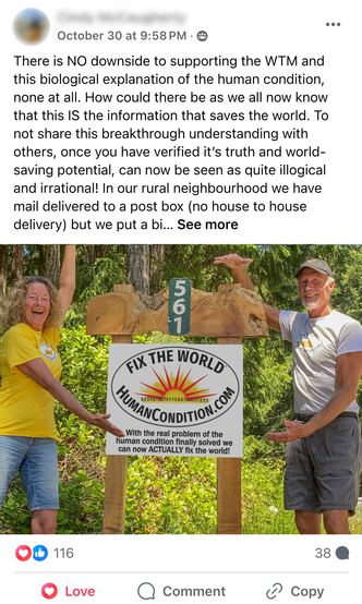 Facebook Post by Cindy McCaugherty featuring a photograph of Cindy & Bill and their ‘Fix The World’ sign