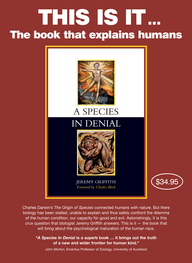 The front of the promotional poster for A Species in Denial, titled This is it, the book that explains humans