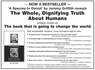 Advertisement for A Species In Denial with the text Now a Bestseller, the whole, dignifying truth about humans