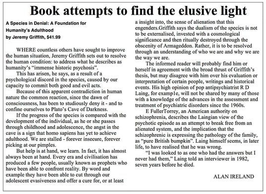 'Book attempts to find the elusive light' by Alan Ireland, Manawatu Standard NZ 3 October 2013