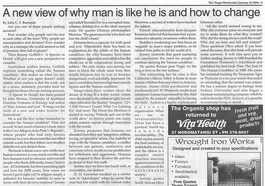 'A new view of why man is like he is and how to change' by John Burnside Taupo Weekender 22 January 2004
