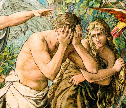 A color lithograph depicting the angel Jophiel banishing Adam and Eve from paradise, the Garden of Eden