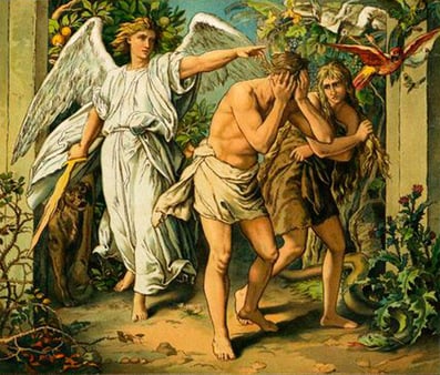 Litografia barwna przedstawiająca anioła Jofiela wypędzającego Adama i Ewę z raju, z rajskiego ogrodu