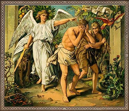 A color lithograph depicting the angel Jophiel banishing Adam and Eve from paradise, the Garden of Eden