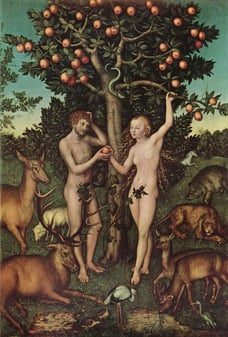 A painting depicting Adam and Eve standing naked below the tree of knowledge eating the forbidden apple