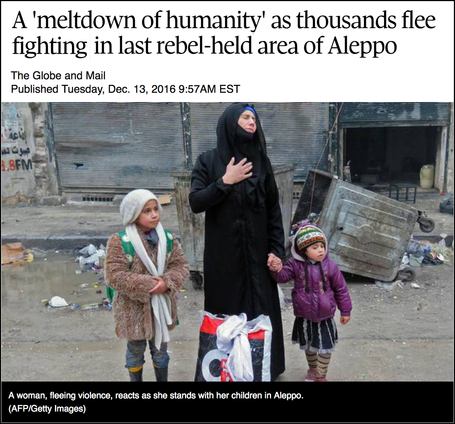 A distressed mother and her two children standing on a war torn street in Aleppo with the news headline: A ‘meltdown of humanity’