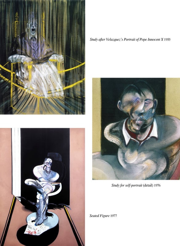 Three paintings by Francis Bacon that depict humans in distressed, twisted and contorted shapes.