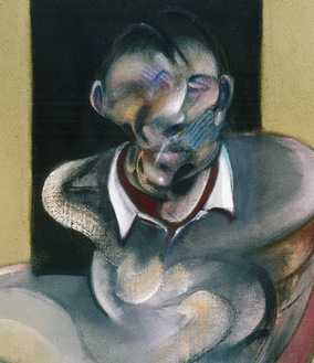 A detail from ‘Study for self-portrait’ by Francis Bacon, 1985-86, of a grossly contorted, twisted human torso and head.