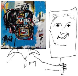 Drawing by Jeremy Griffith of a person whose head is a painting by Basquiat, holding a placard of a face