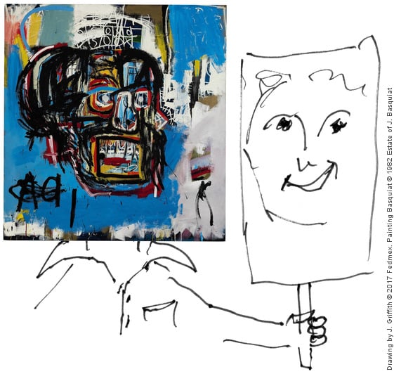 Drawing by Jeremy Griffith of a person whose head is a painting by Basquiat, holding a placard of a face