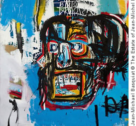 ‘Untitled’ painting by Jean-Michel Basquiat of a crazed and grimacing head figure.