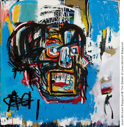 ‘Untitled’ painting by Jean-Michel Basquiat of a crazed and grimacing head figure.