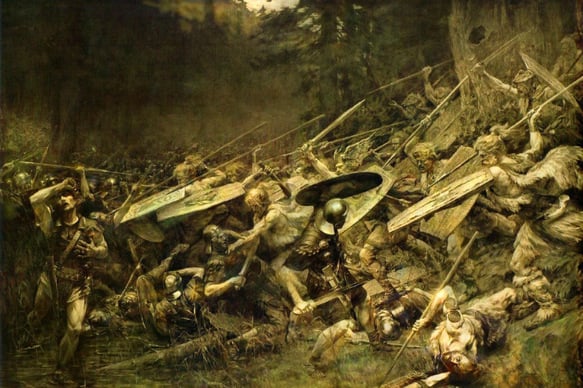 The painting, Furor Teutonicus, depicting the gruesome 9AD Battle of Teutoburg Forest between Germanic people and Roman legions