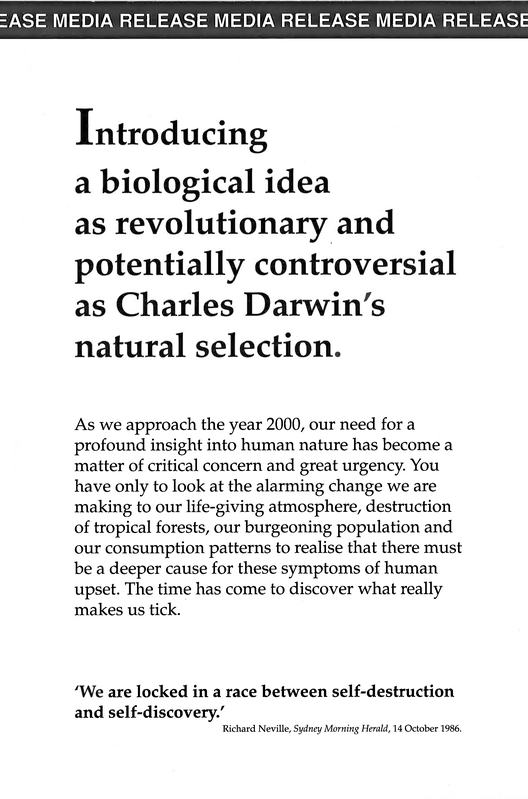Media Release for the book Beyond the Human Condition by Jeremy Griffith, with the heading Introducing a biological idea as revolutionary as Charles Darwin's natural selection.