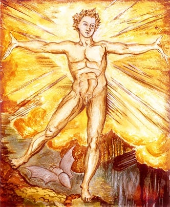 The painting, Albion Arose by William Blake, of a naked figure raising his arms in joy standing in front of a bursting sun.