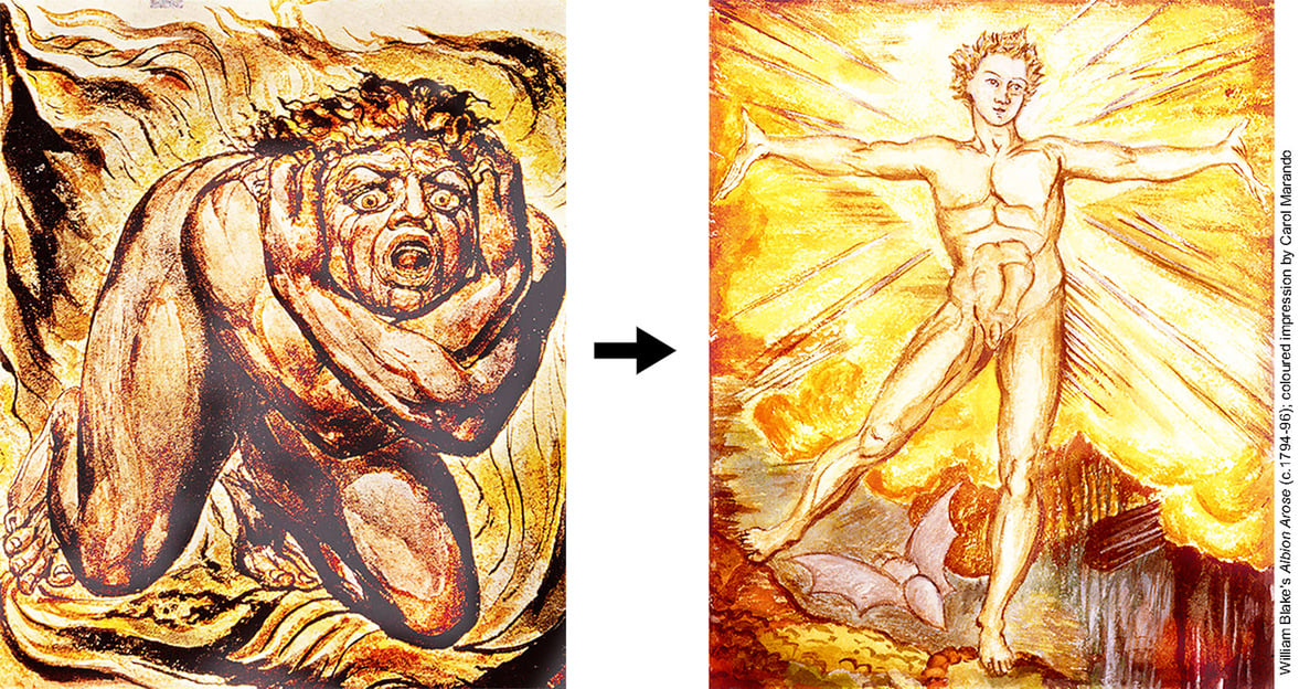William Blake’s painting ‘Cringing in Terror’ with arrow to his painting ‘Albion Arose’
William Blake’s Cringing in Terror (c.1794-96) left, and Albion Arose (c.1794-96) right